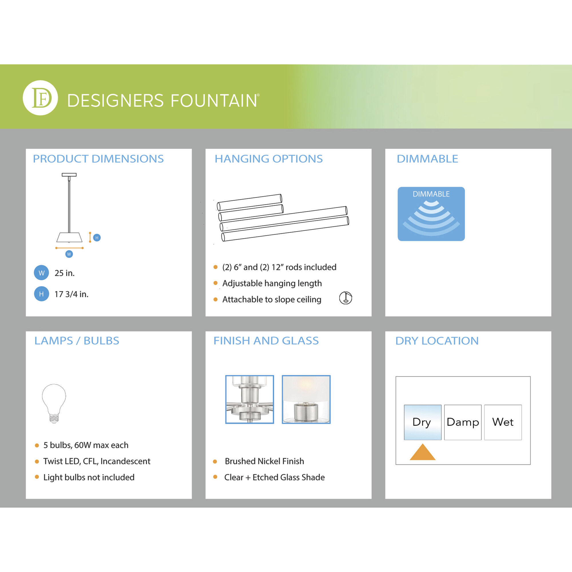 Cedar Lane 5 Light 25 inch Brushed Nickel Chandelier Ceiling Light